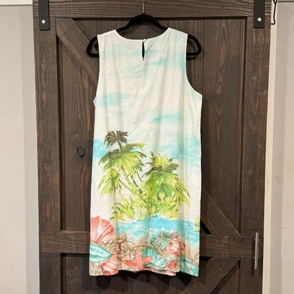 J.Jill Love Linen Beach Palm Tree Tropical Pockets Tank Shift Dress Size‎ Large - Picture 3 of 8